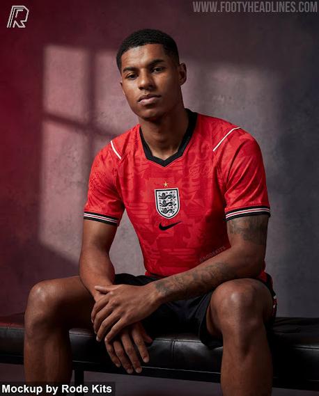 英格兰2026世界杯客场球衣谍照：红色为底，搭配白色和海军蓝