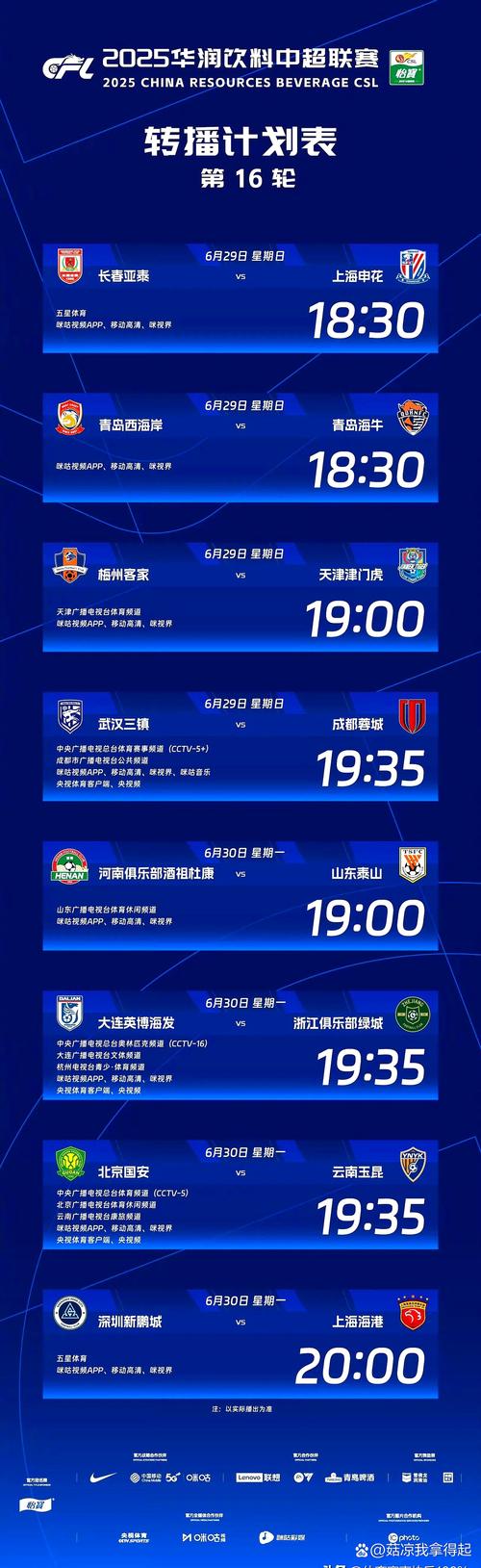 中超第5轮转播计划:CCTV16转播上海德比,CCTV5+转播国安vs蓉城